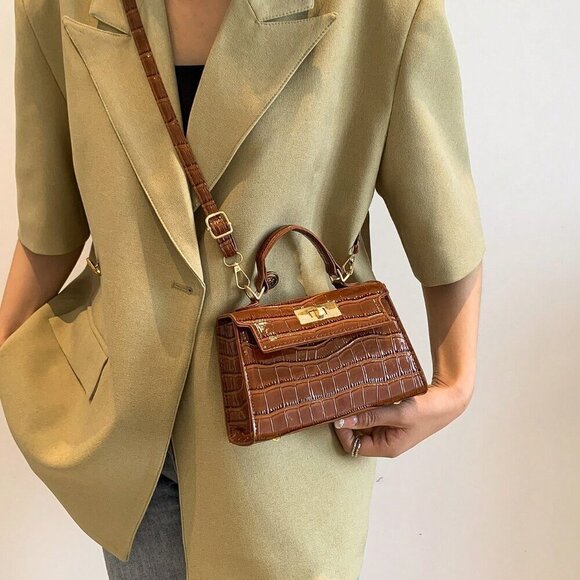 Coffee Brown Elegant Women's Faux Crocodile Turn Lock Square Bag - Picture 2 of 7